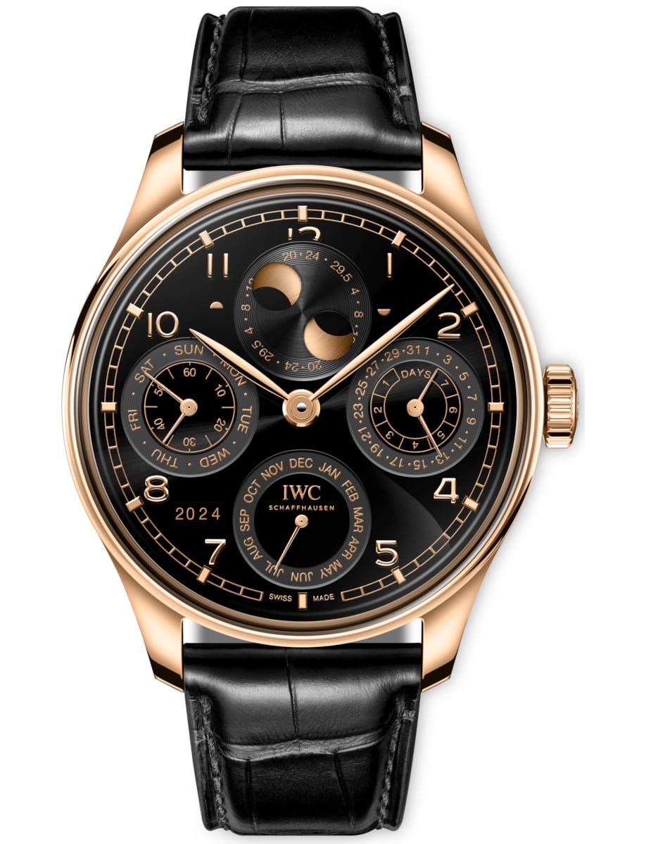 Portugieser Perpetual Calendar 44mm in Armor Gold on Black Alligator Leather Strap with Black Dial