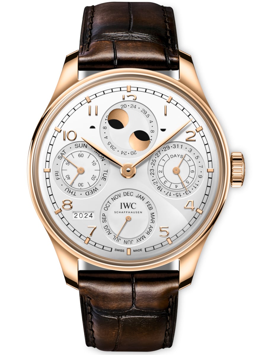 Portugieser Perpetual Calendar 44mm in Armor Gold on Brown Alligator Leather Strap with White Dial