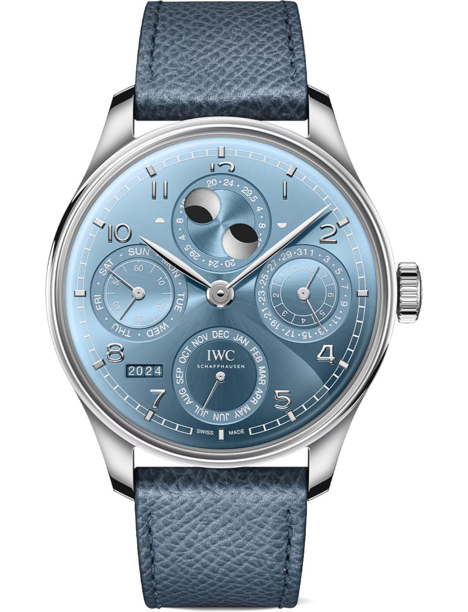 Portugieser Perpetual Calendar 44mm in White Gold on Light Blue Calfskin Leather Strap with Ice Blue Dial