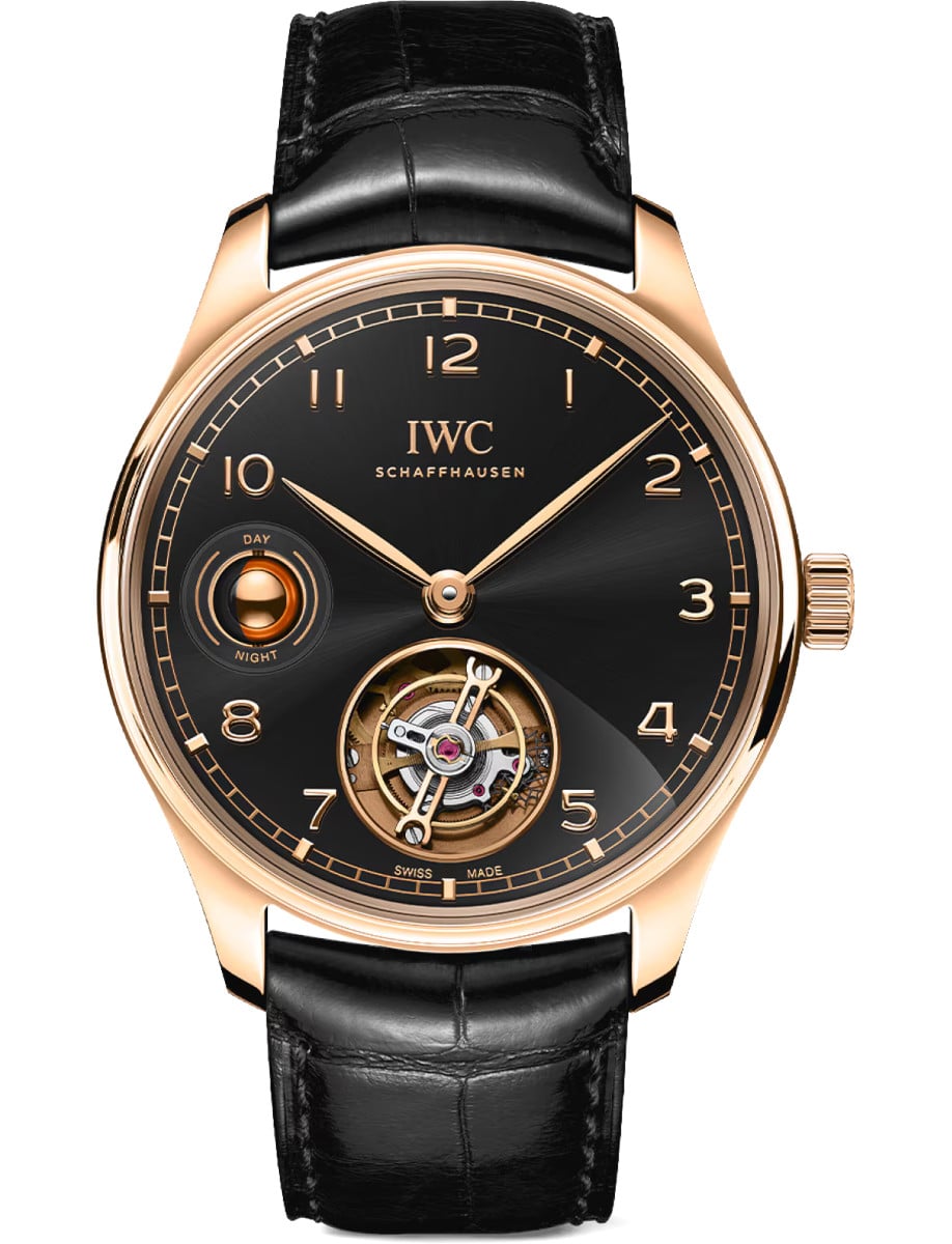 Portugieser Hand-Wound Tourbillon Day & Night 42.4mm in Armor Gold On Black Crocodile Leather Strap with Black Dial