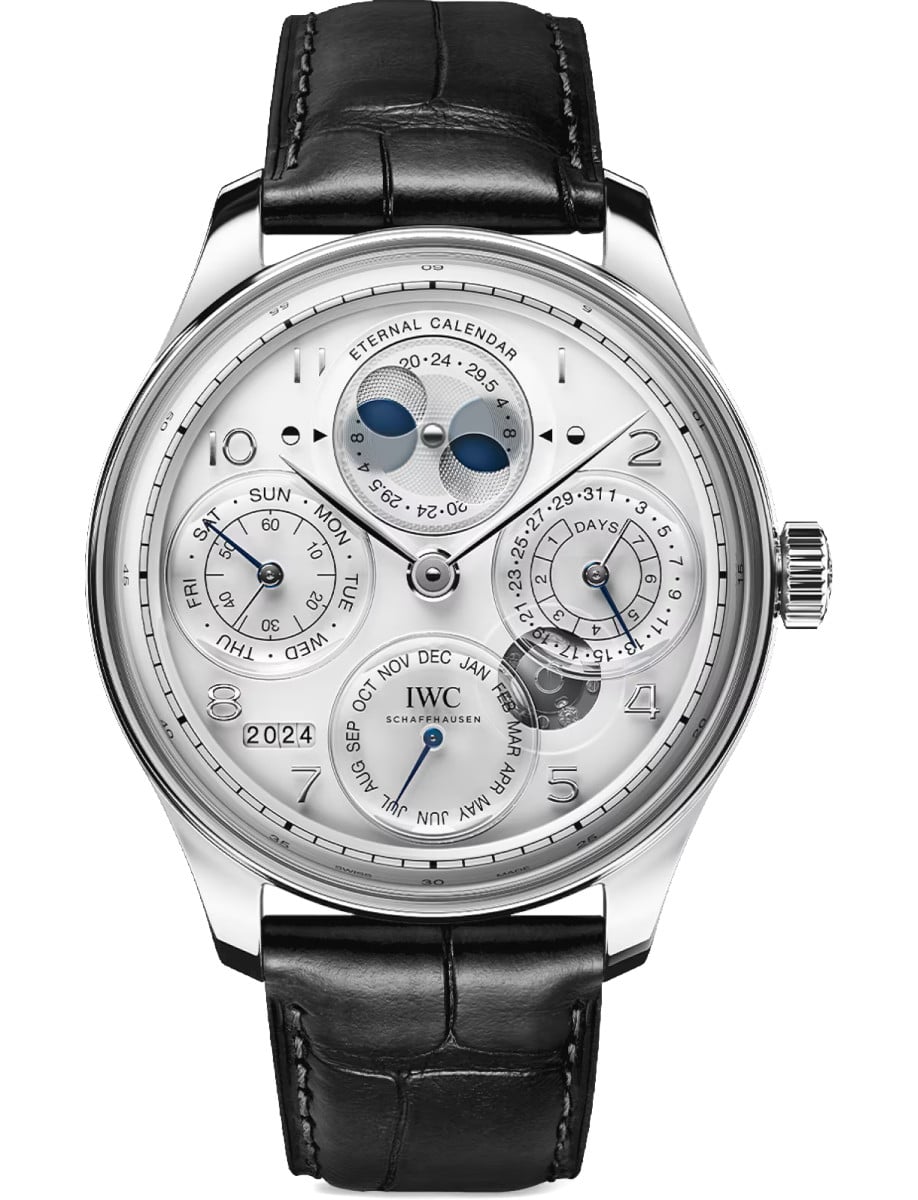 Portugieser Eternal Calendar 44.4mm in Platinum On Black Crocodile Leather Strap with White Dial