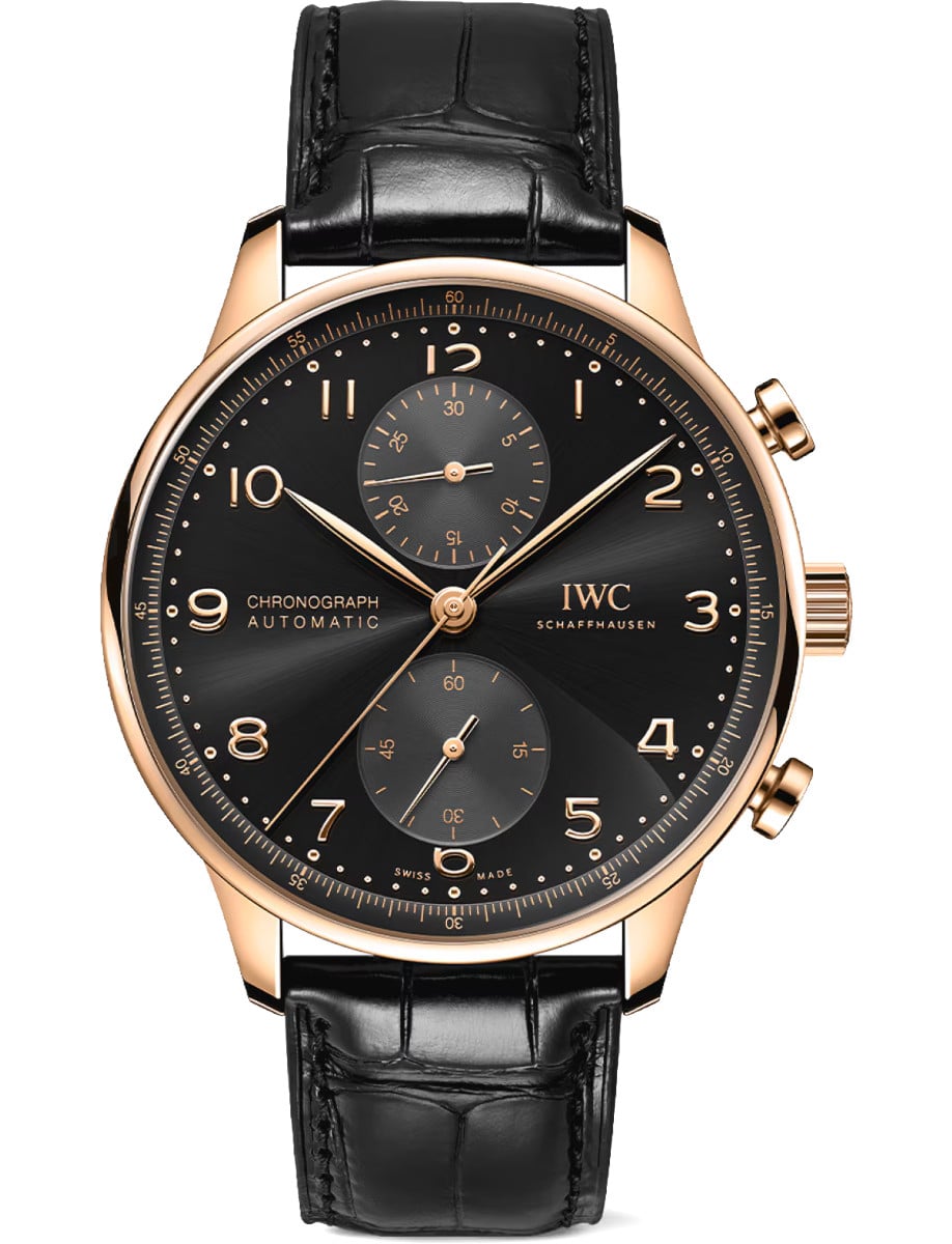 Portugieser Chronograph 41mm in Rose Gold on Strap with Black Dial - Rose Gold Arabic Markers