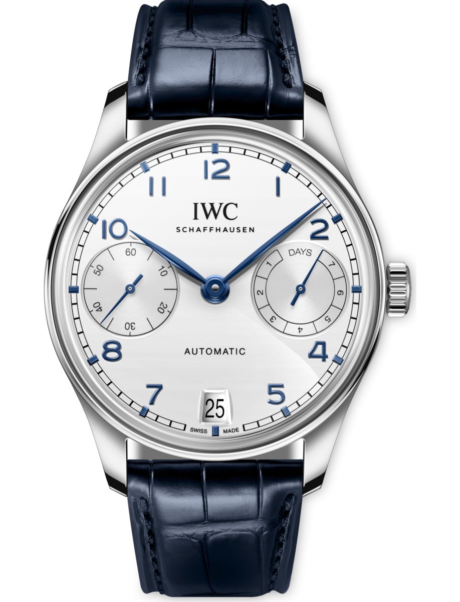 Portugieser Automatic 42mm in Steel on Blue Alligator Leather Strap with Silver Dial