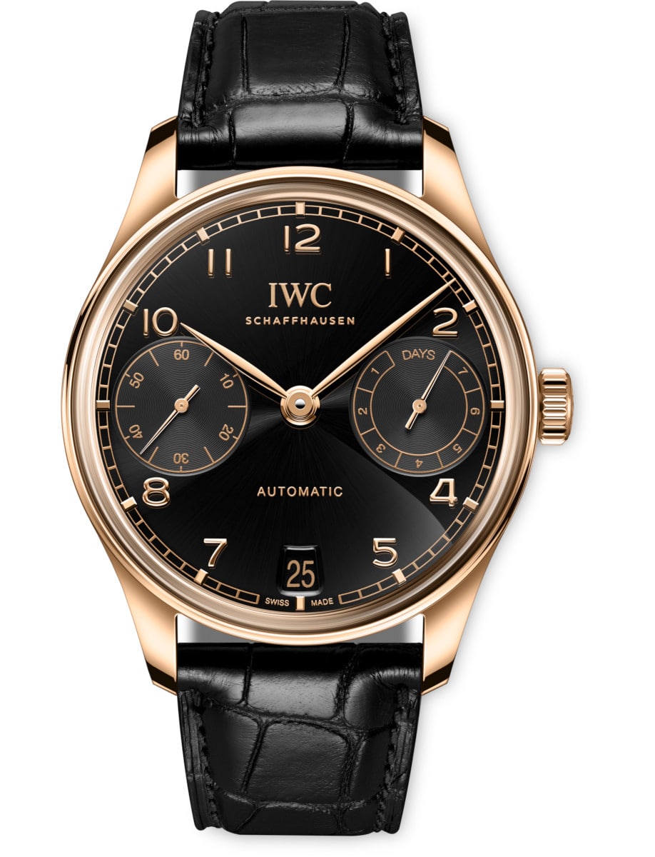 Portugieser Automatic 42mm in Rose Gold on Black Alligator Leather Strap with Black Dial