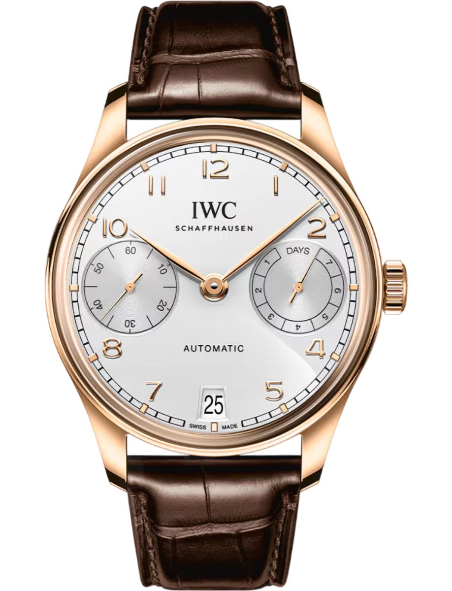 Portugieser Automatic 42mm in Rose Gold on Brown Alligator Leather Strap with Silver Dial