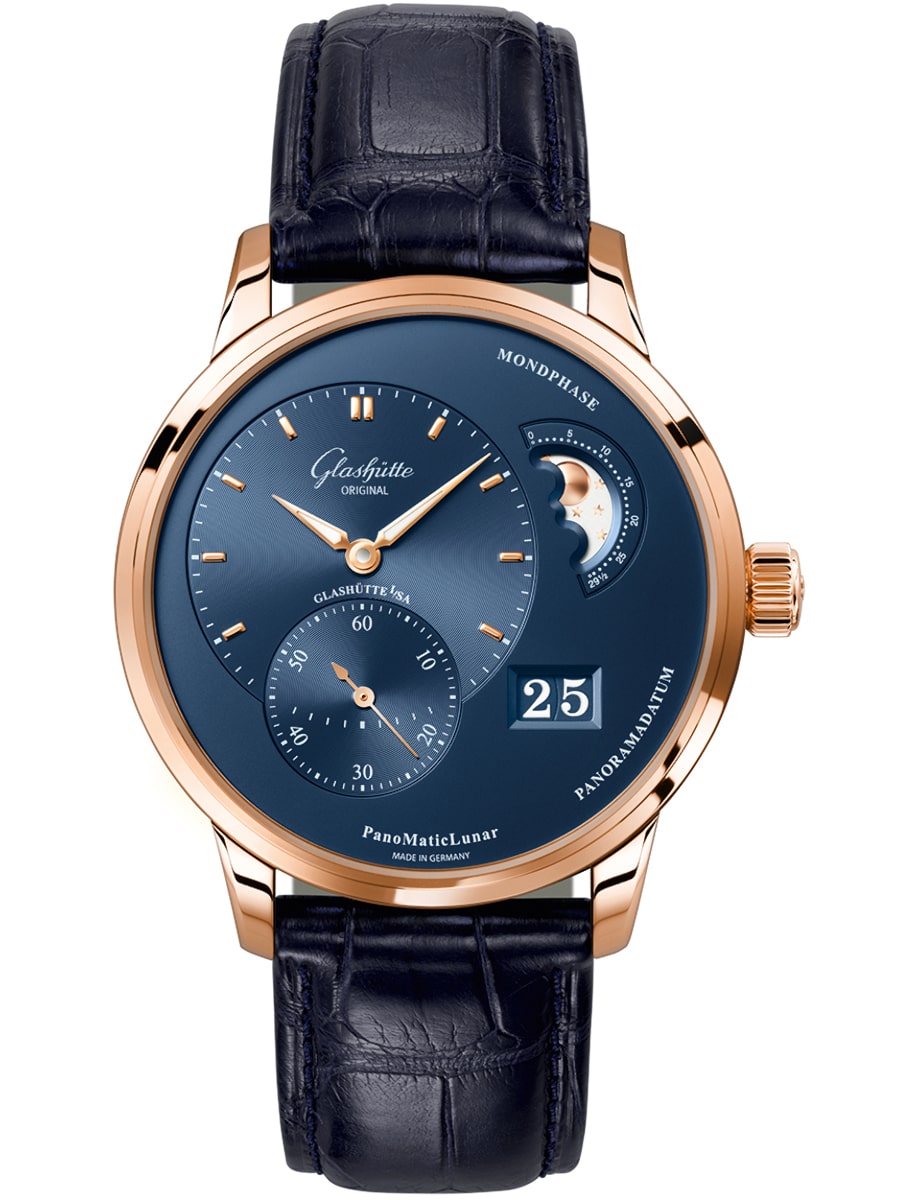 Pano MaticLunar 40mm in Rose Gold on Blue Crocodile Leather Strap with Blue Dial