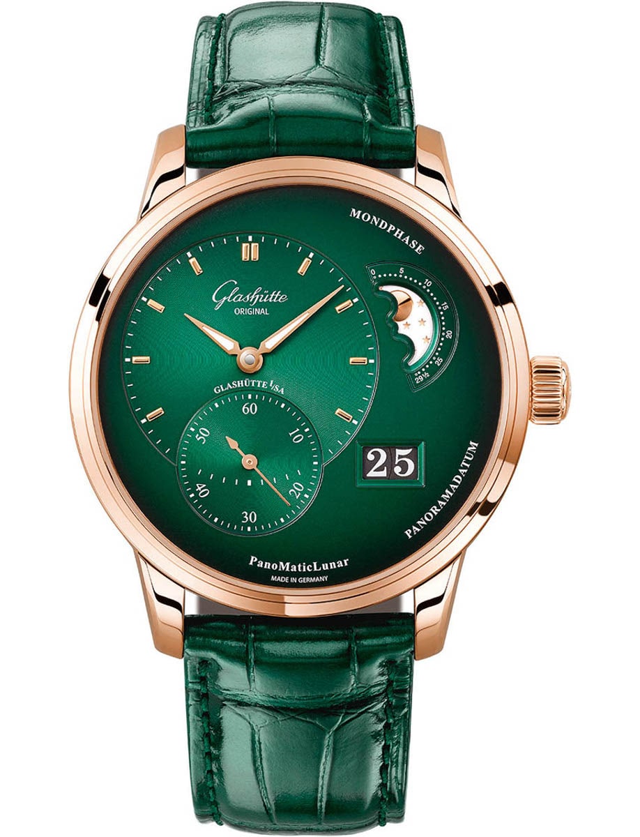 Pano MaticLunar 40mm in Rose Gold on Green Alligator Leather Strap with Green Dial