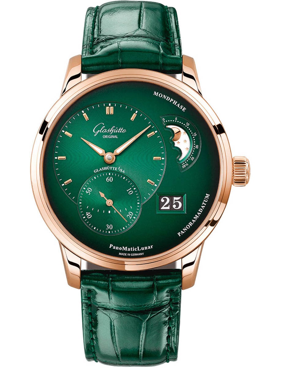 Pano MaticLunar 40mm in Rose Gold on Green Alligator Leather Strap with Green Dial