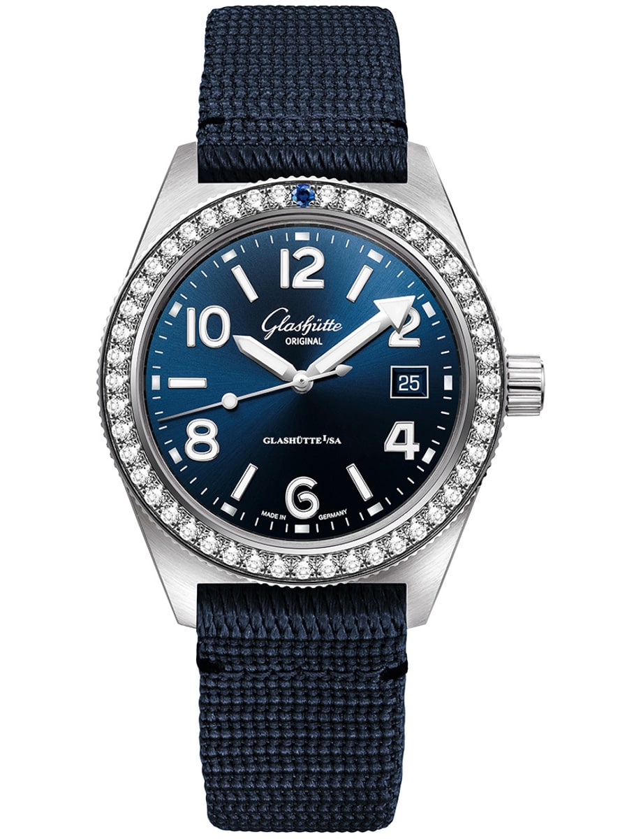 Spezialist SeaQ Date 39.5mm in Steel with Diamond Bezel on Blue Fabric Strap with Blue Dial