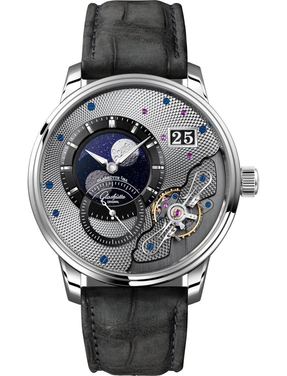 Pano LunarInverse 42mm in Platinum - Limited Edition	200  on Grey Alligator Nubuk Leather Strap with Galvanized Black Dial