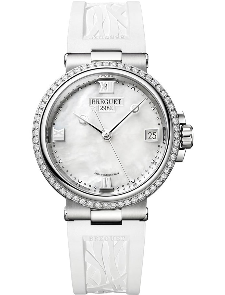 La Marine Dame 9518 33.8mm Automatic in Steel with Diamond Bezel on White Rubber Strap with Mother of Pearl Dial