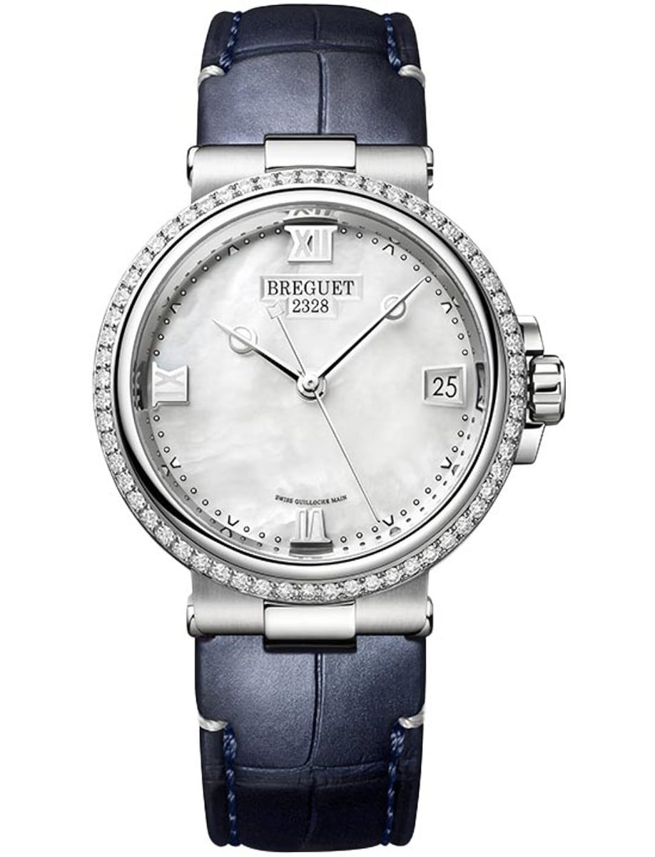 La Marine Dame 9518 33.8mm Automatic in Steel with Diamond Bezel on Blue Crocodile Leather Strap with Mother of Pearl Dial