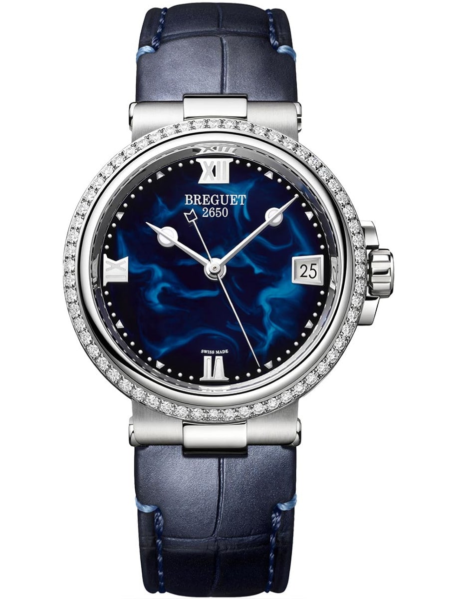 La Marine Dame 9518 33.8mm Automatic in Steel with Diamond Bezel on Blue Crocodile Leather Strap with Blue Lacquer Dial