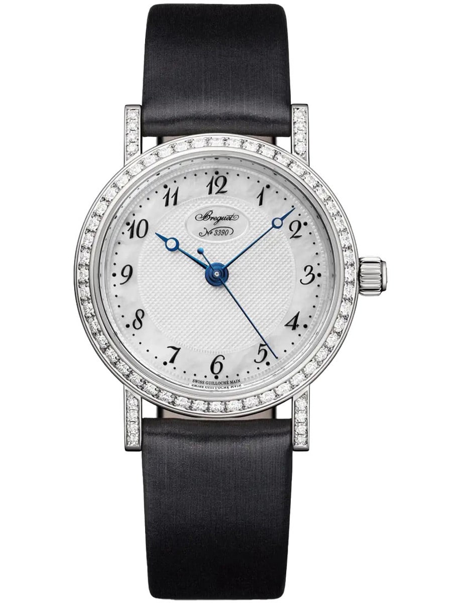 Classique 8068 Automatic 30nn in White Gold with Diamond Bezel on Black Satin Strap with MOP Dial