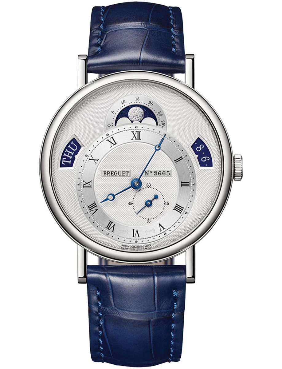 Classique Calendar 7337 39mm in White Gold on Blue Alligator Leather Strap with Silver Dial