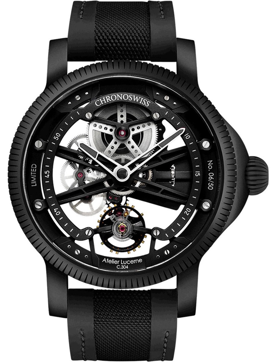 Skeltec Pitch 45mm in Black DLC Steel - Limited Edition 50 Pieces on Black Rubber Strap with Skeleton Dial