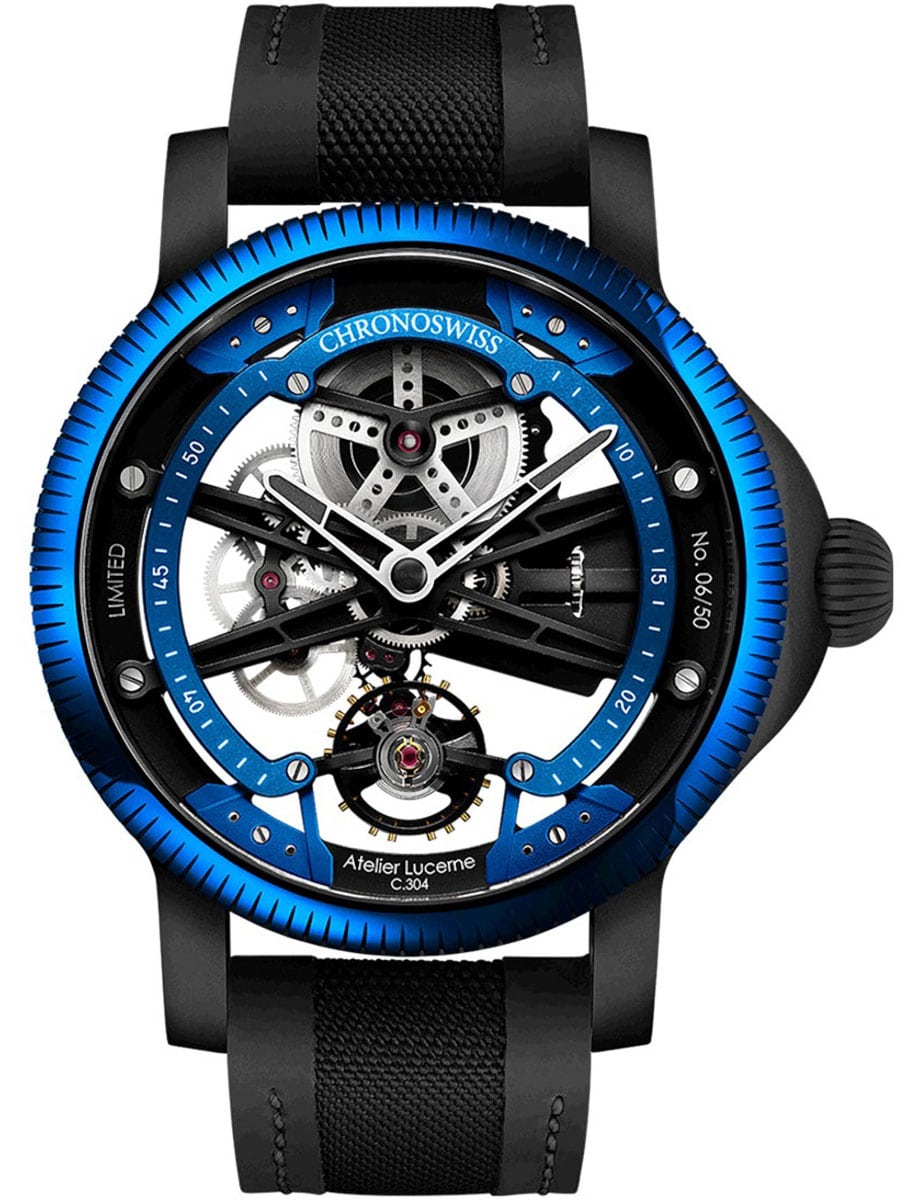 Skeltec Azur 45mm in Black DLC Steel with Blue Bezel on Black Rubber Strap with Skeleton Dial - - Limited Edition 50 Pieces