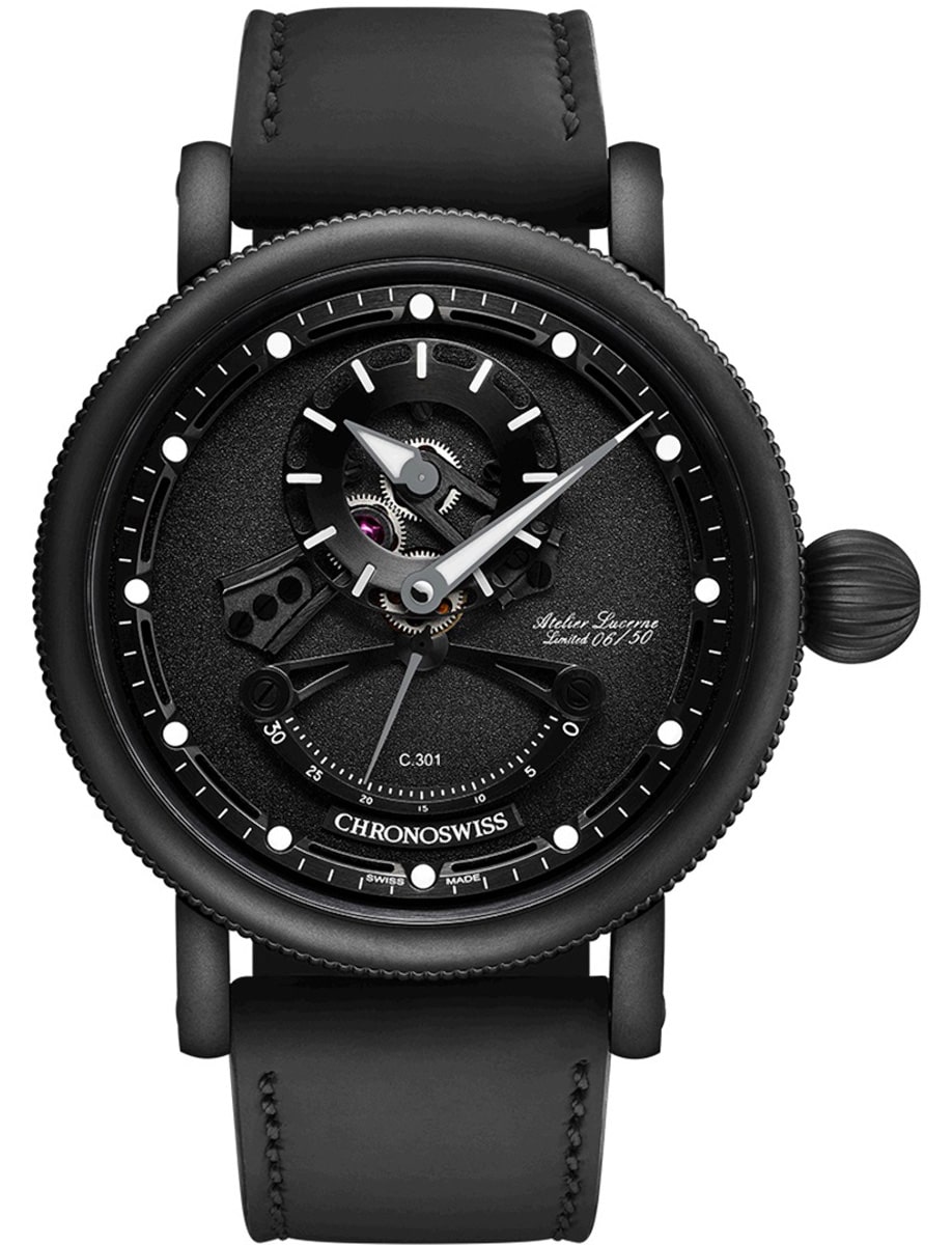 Open Gear ReSec 44mm in Steel with Black DLC Coating on Black Calf Leather Strap Strap with Red & Black Dial - Limited Edition 50 pieces