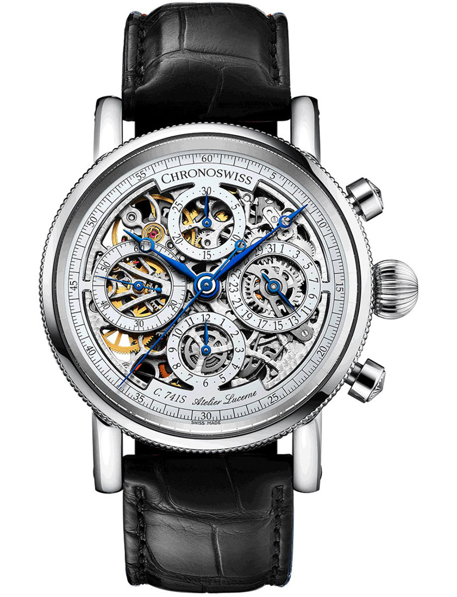 Sirius Opus Chronograph 41mm Automatic in Steel on Black Alligator Leather Strap with Openworked Dial