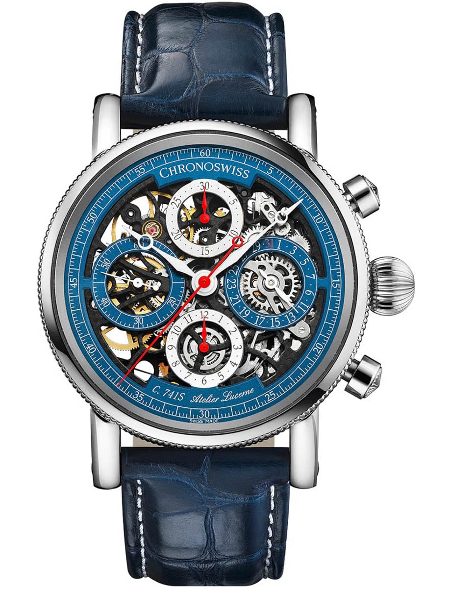 Sirius Opus Chronograph 41mm Automatic in Steel on Blue Alligator Leather Strap with Openworked Dial