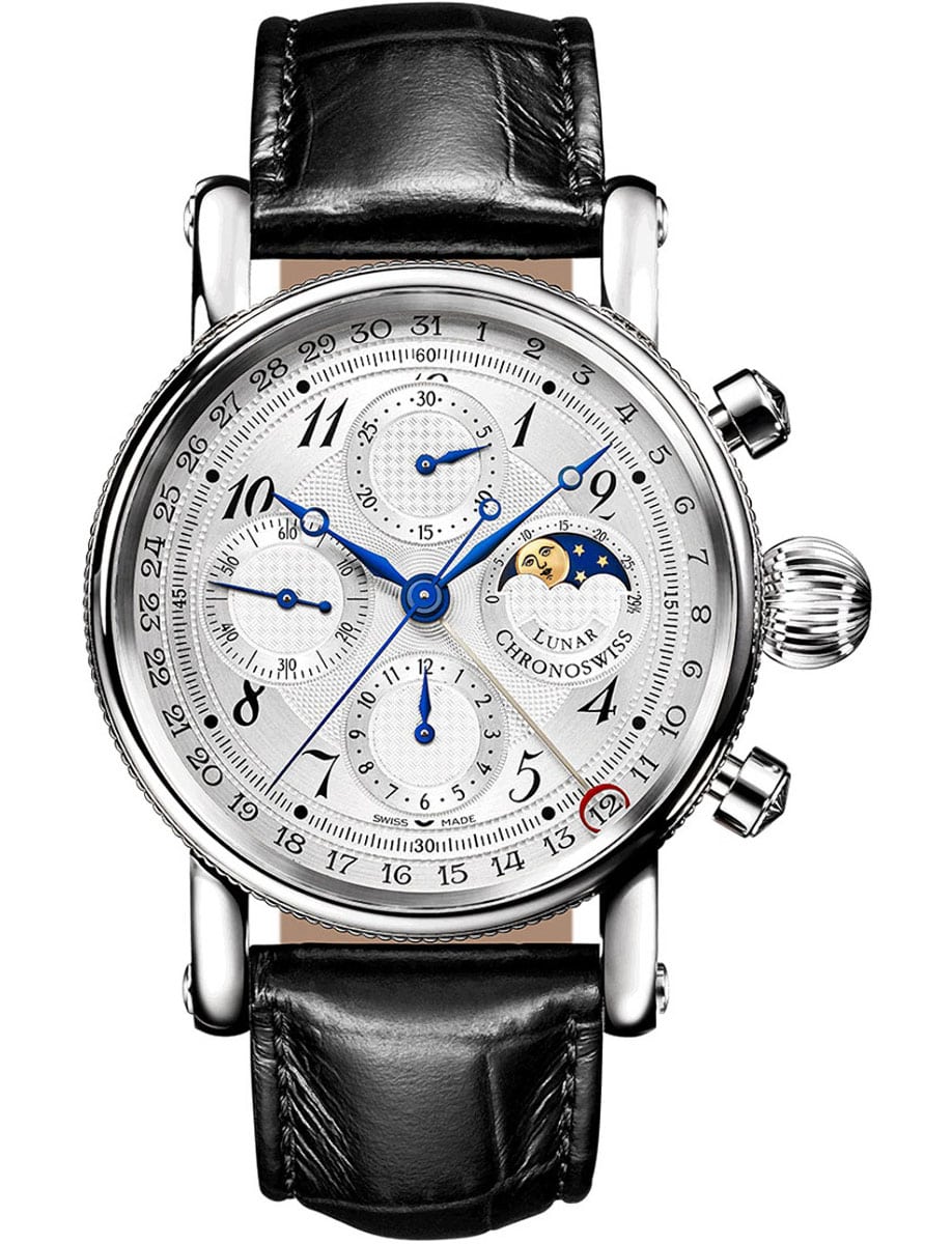 Sirius Lunar Chronograph 41mm Automatic in Steel on Black Alligator Leather Strap with Silver Dial