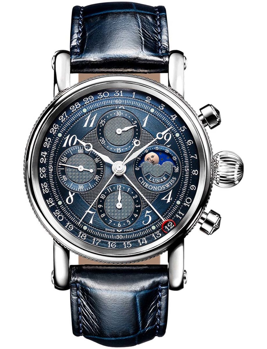 Sirius Lunar Chronograph 41mm Automatic in Steel on Blue Alligator Leather Strap with Blue Dial