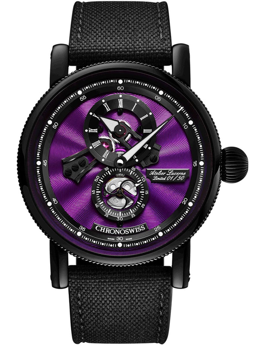 Open Gear Flying Regulator Purple Panther 41mm in Black DLC Steel   on Black Fabric Strap with Purple Dial - Limited Edition 50 pieces