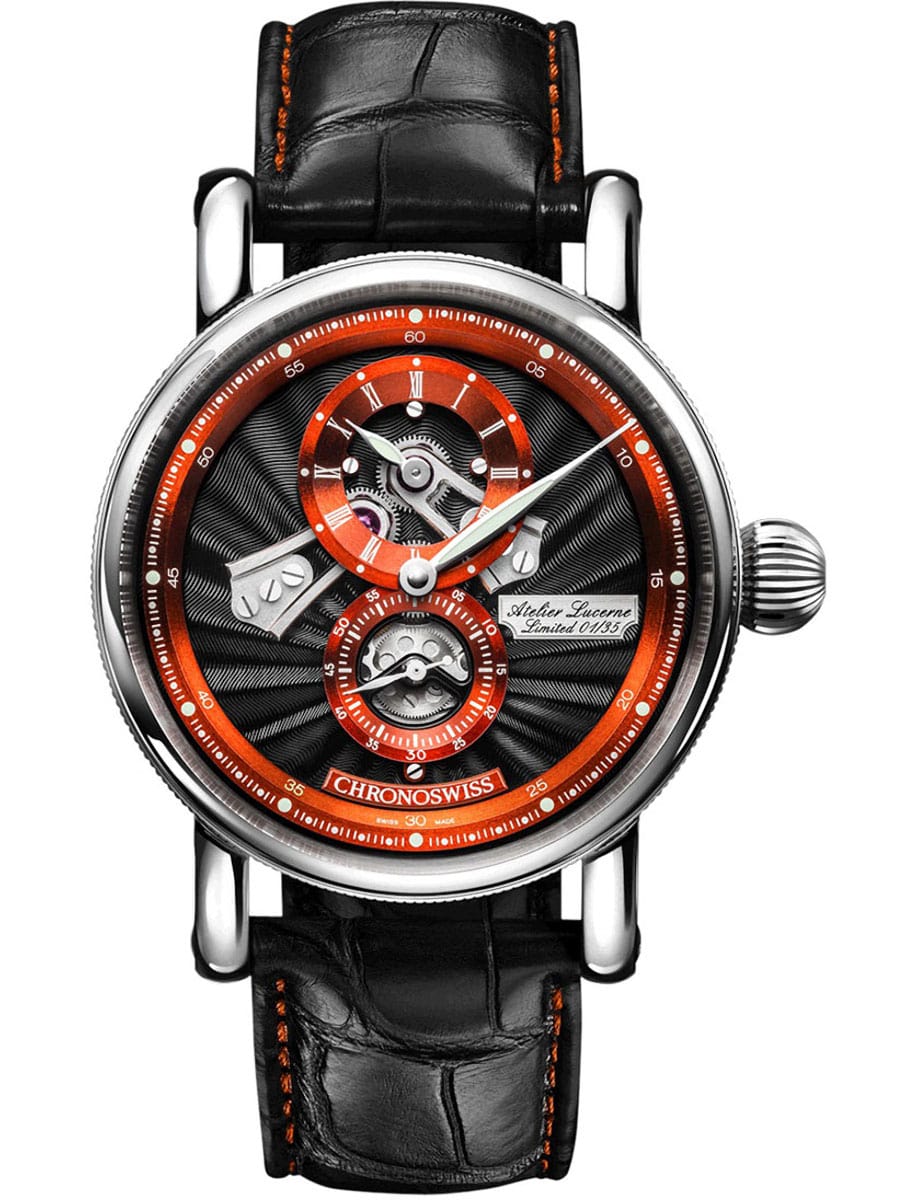 Open Gear Flying Regulator Anniversary Edition 41mm in Steel on Black Alligator Leather Strap with Black & Orange Dial - L.E 50 pcs