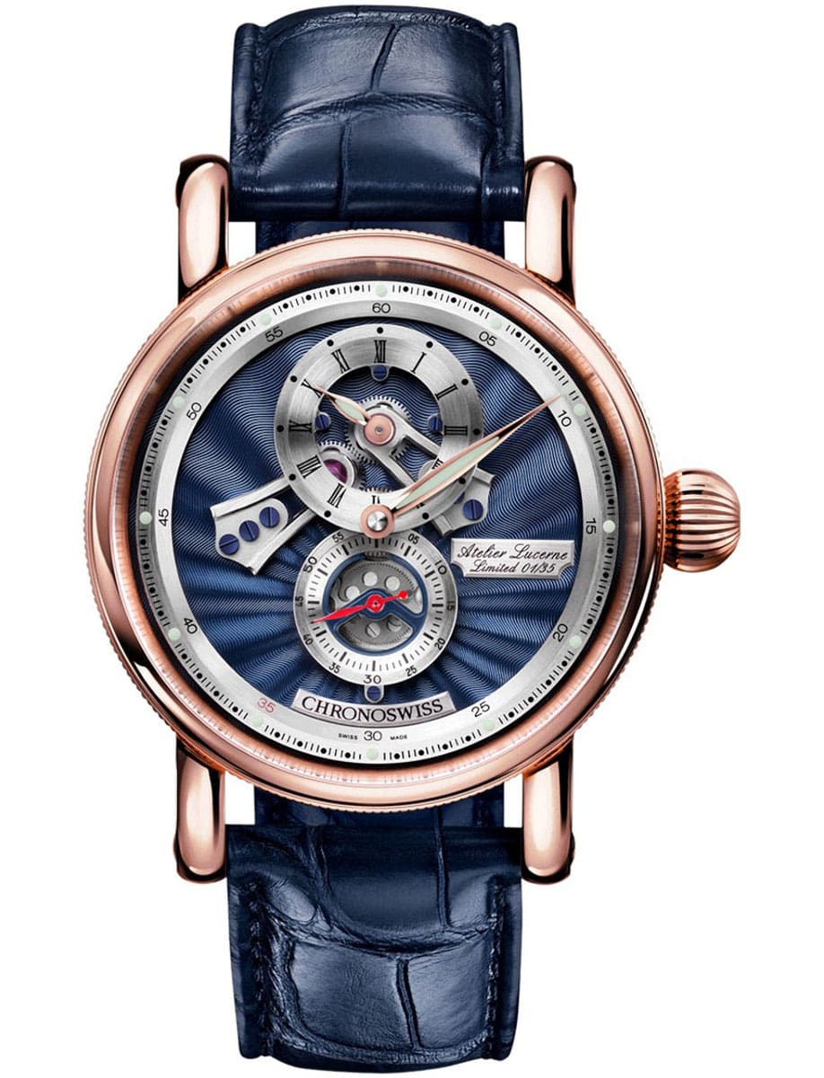 Open Gear Flying Regulator Anniversary Edition 41mm in Rose Gold on Blue Alligator Leather Strap with Blue & Silver Dial - L.E 50 pcs