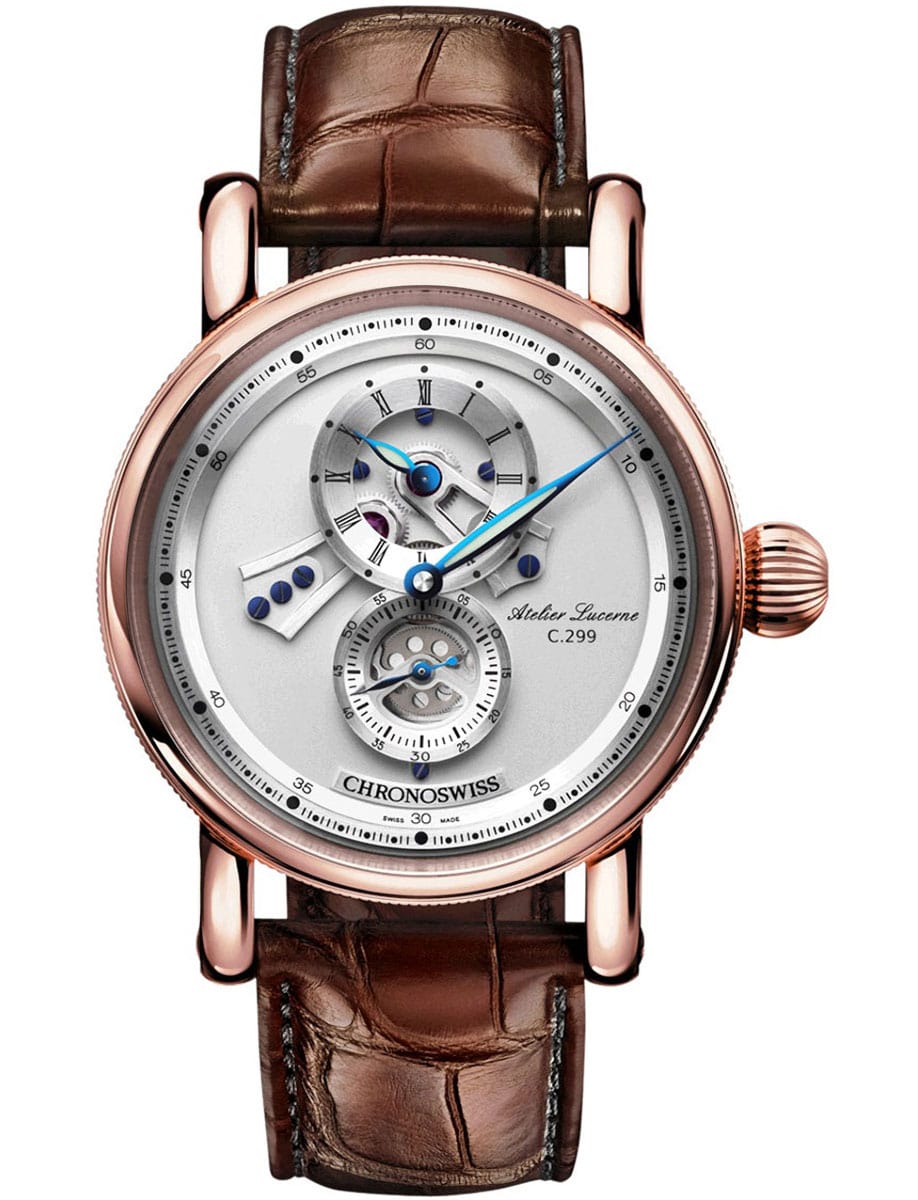 Open Gear Flying Regulator 41mm in Rose Gold on Brown Alligator Leather Strap with Silver Dial 