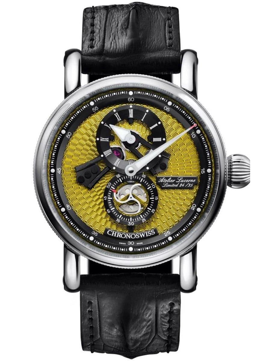 Open Gear Flying Regulator 41mm in Steel on Black Alligator Leather Strap with Yellow Dial - L.E 35 pcs