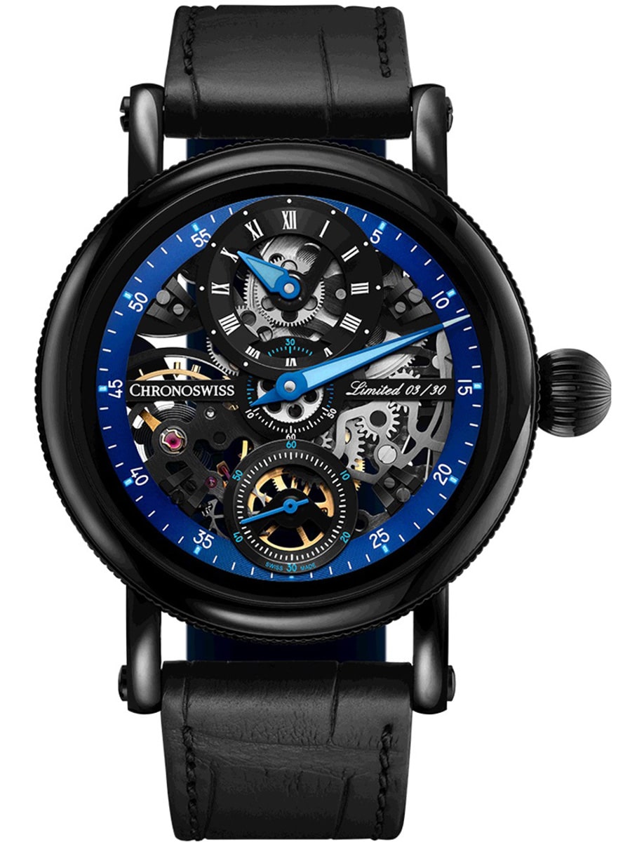 Flying Grand Regulator Skeleton Night Prowler 44mm in Steel on Black Alligator Leather Strap with Skeleton Dial - Limited Edition 30 pieces