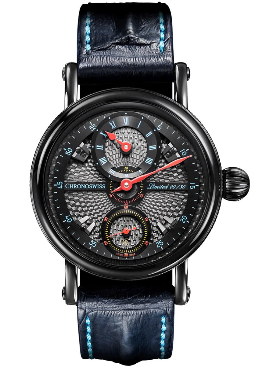 Flying Grand Regulator 44mm in Black Steel on Blue Crocodile Leather Strap with Silver Dial - Limited Edition 30 pieces