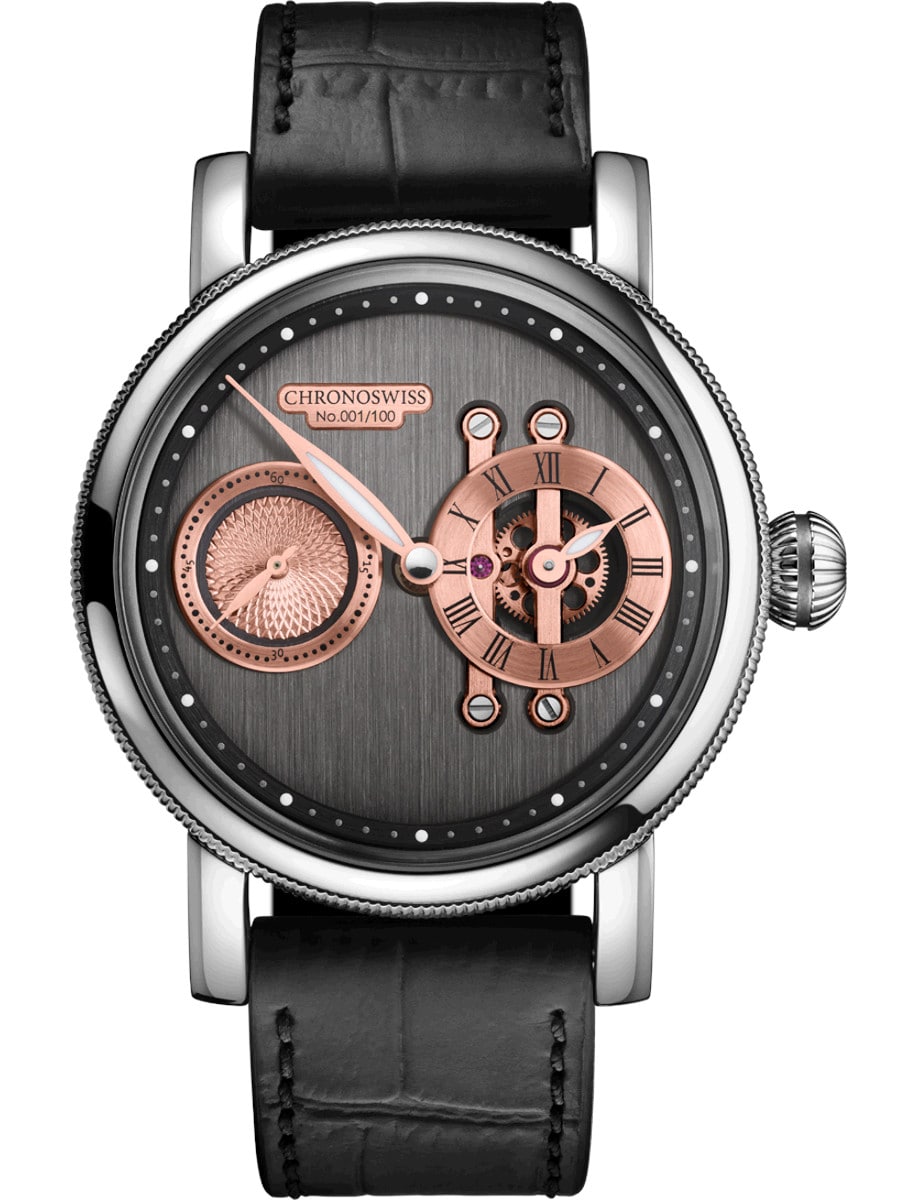 Strike Two Golden Gear 40mm in Steel - Limited Edition 100 Pieces on Black Calfskin Leather Strap with Grey Dial