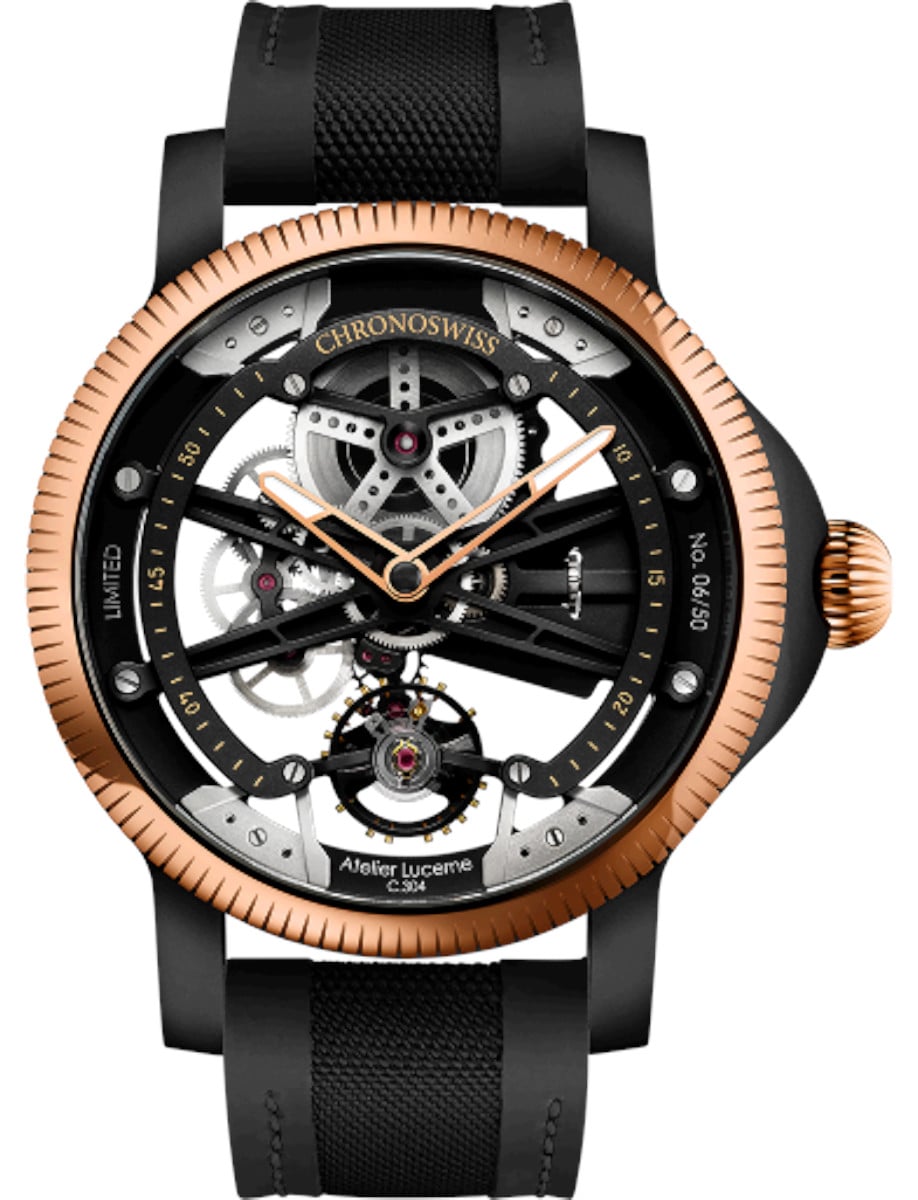 Skeltec Pitch 45mm in Black DLC Steel with Rose Gold Bezel on Black Rubber Strap with Skeleton Dial - Limited Edition 50 Pieces