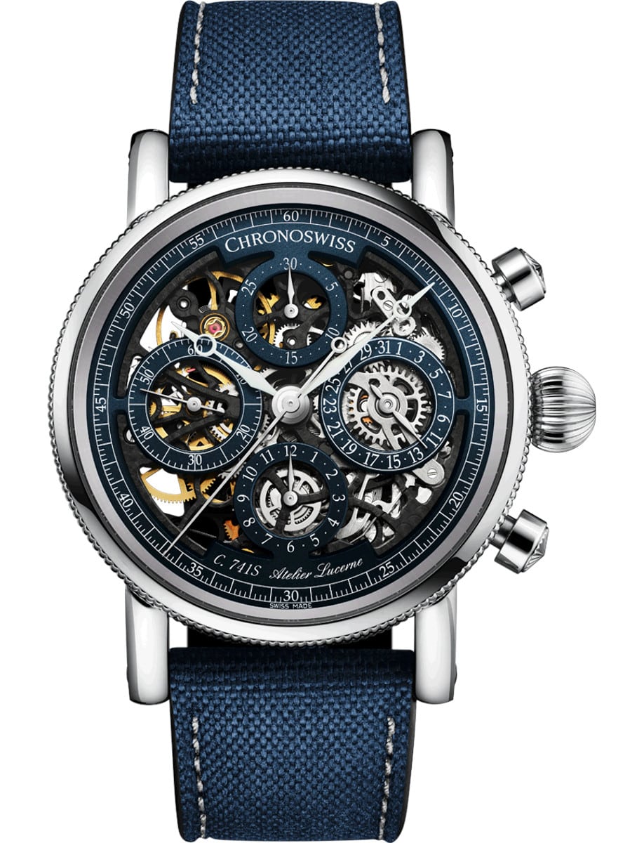 Sirius Opus Chronograph 41mm in Titanium on Blue Fabric Strap with Skeleton Dial
