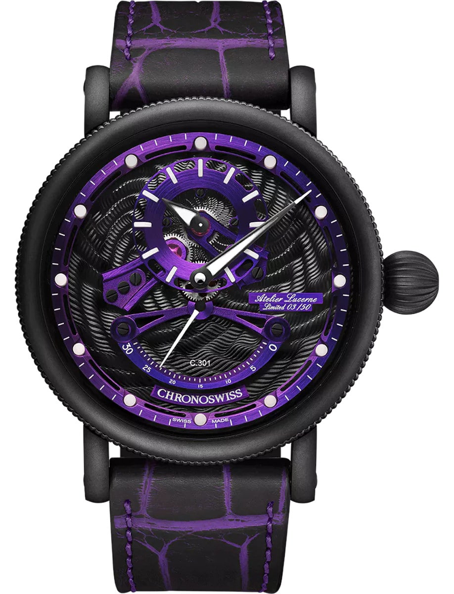 Open Gear Resec Voodoo 44mm in Black DLC Steel - - L.E 50 pcs on Black Purple Crocodile Leather Strap with Black & Purple Dial 