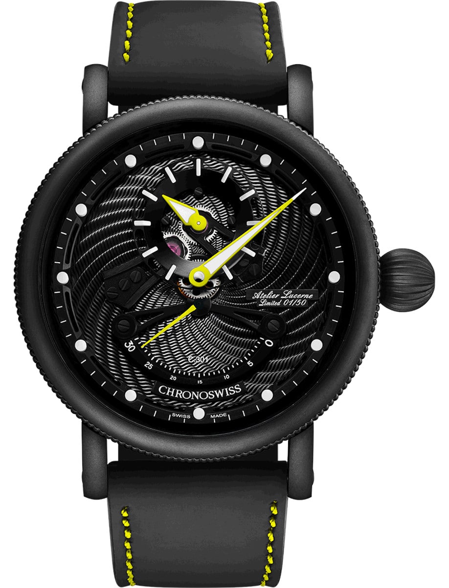 Open Gear Resec Hurricane Volt 44mm in Black DLC Steel  on Black Calfskin Leather Strap with Galvanic Black Dial