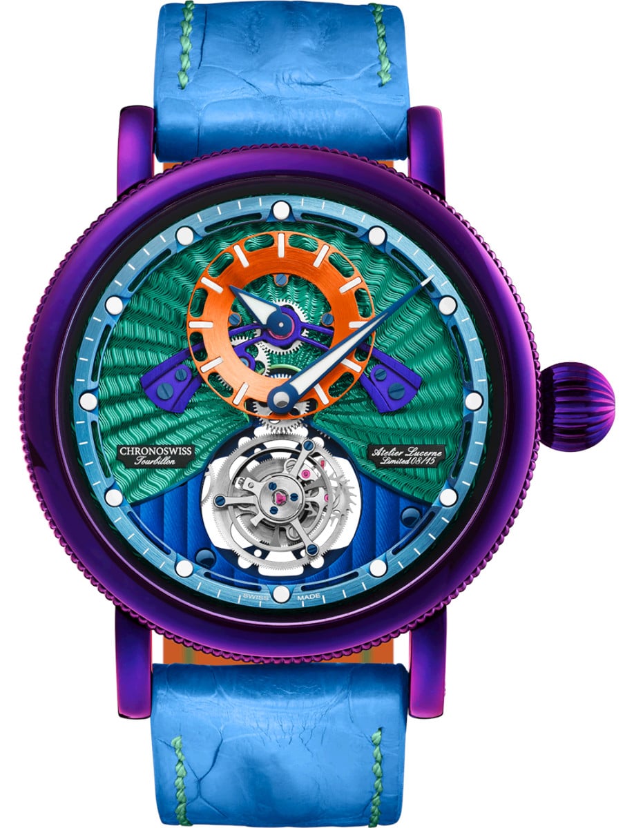 Flying Open Gear Tourbillon Psycho 44mm in Purple CVD Coated Steel on Strap with Tirquoise Blue, Orange, Light Green Dial - Limited to 15