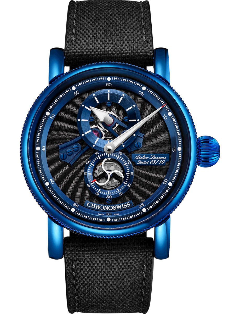 Open Gear Flying Regulator Blue Spark 41mm in Blue CVD Coated Steel on Black Fabric Strap with Blue & Black Dial - Limited to 50