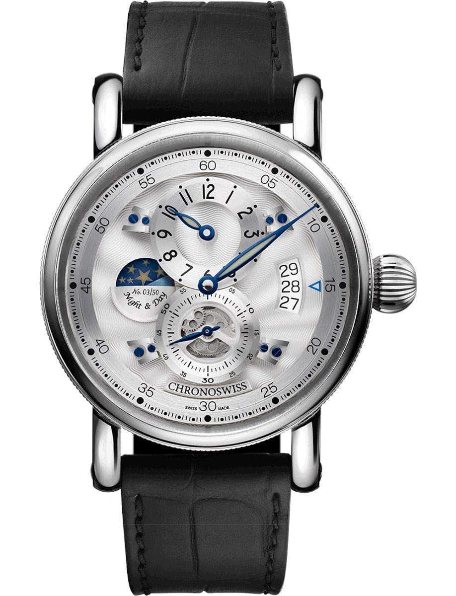 Flying Regulator Night and Day 41mm in Steel on Black Crocodile Leather Strap with White Guilloche Dial