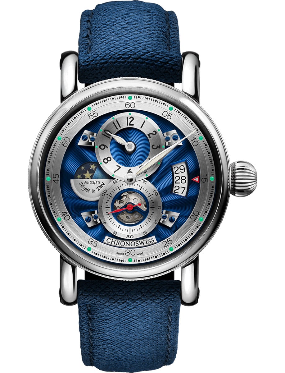 Flying Regulator Night and Day 41mm in Steel - L.E. 50 on Blue Fabric Strap with Dark Blue Dial