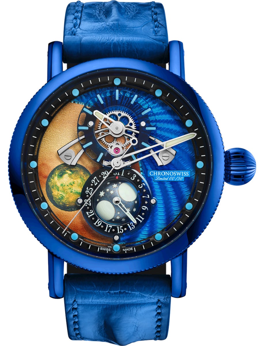 Delphis Dracula 42mm in Blue CVD Coated Steel on Blue Alligator Leather Strap with Mulitcolor Dial - L.E 50