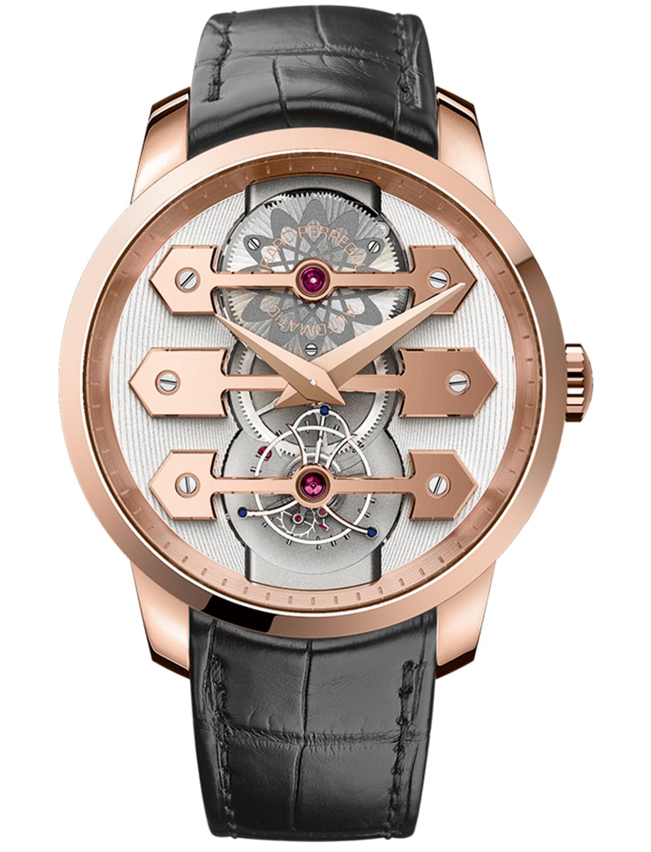 Bridges Tourbillon with Three Gold 45mm in Rose Gold on Black Alligator Leather Strap with Skeleton Dial