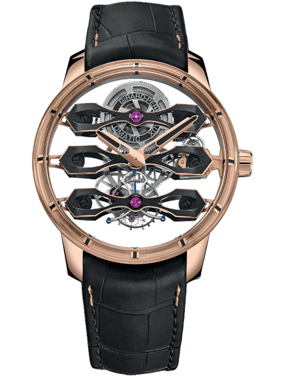 Bridges Tourbillon with Three Gold 44mm in Rose Gold on Black Alligator Leather Strap with Skeleton Dial