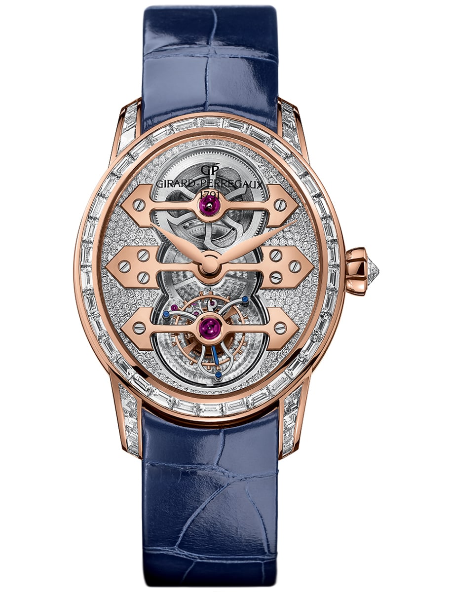Cat's Eye Tourbillon with Three Gold Bridges in Rose Gold with Baguette Diamonds on Blue Alligator Leather Strap with Pave Diamond Skeleton Dial