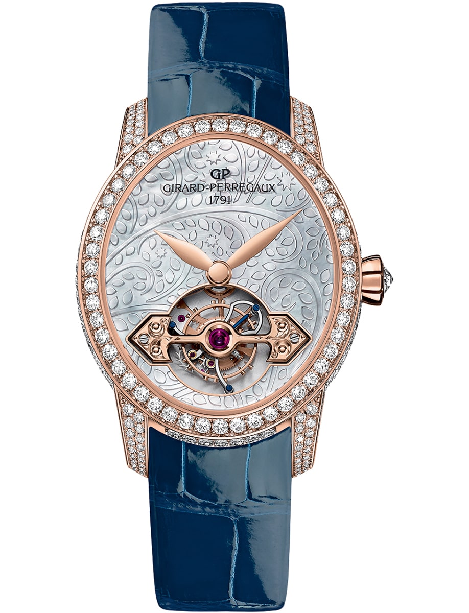 Cat's Eye Tourbillon with Gold Bridge in Rose Gold with Diamond Bezel & Lugs on Blue Alligator Leather Strap with Mother of Pearl Dial