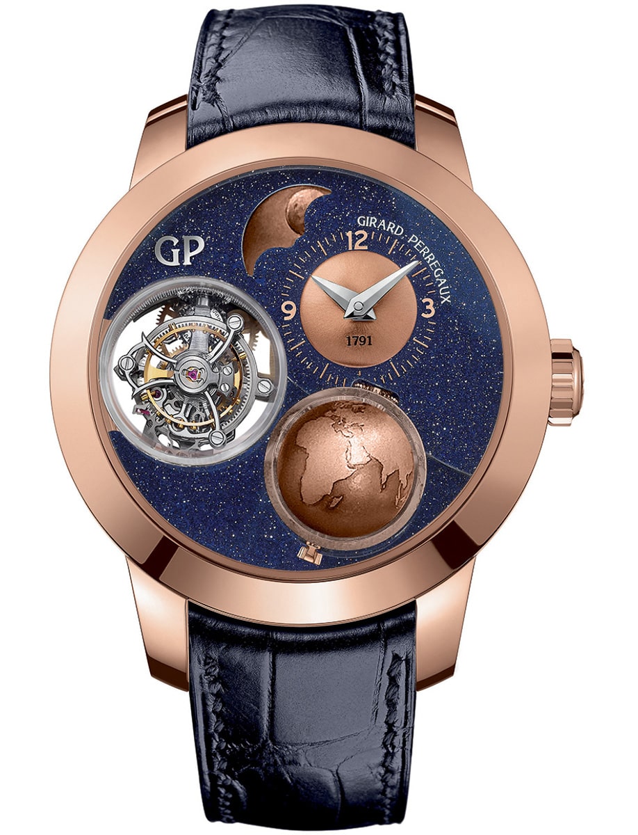 Bridges Planetarium Tri-Axial Tourbillon 48mm in Rose Gold on Blue Crocodile Leather Strap with Aventurine and Gold Dial