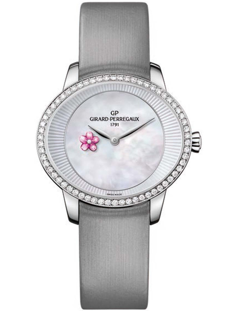 Cat's Eye Plum Blossom 34mm in Steel with Diamond Bezel  On Grey Satin Strap with Mother of Pearl Dial