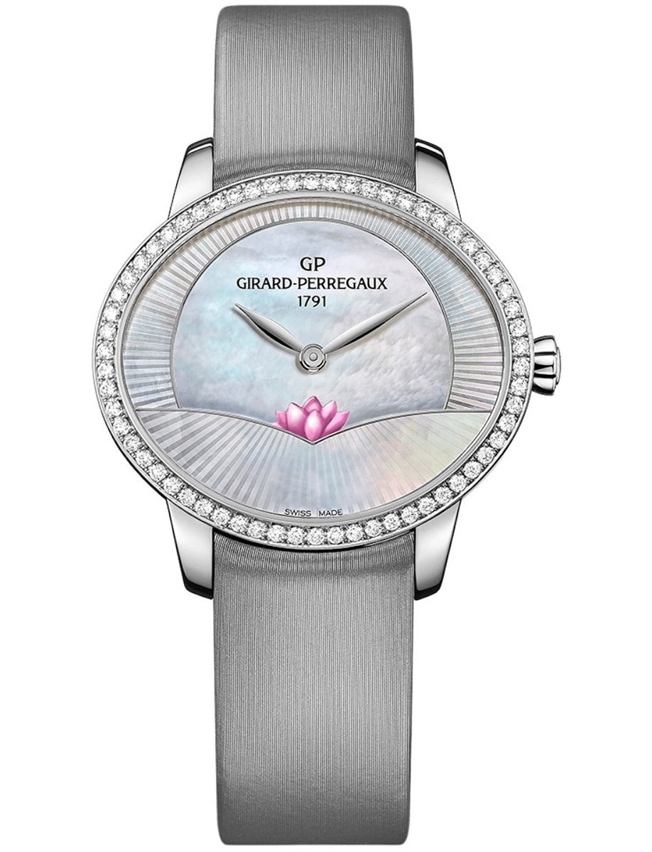 Cat's Eye Lotus 34mm in Steel with Diamond Bezel On Grey Satin Strap with Mother of Pearl Dial